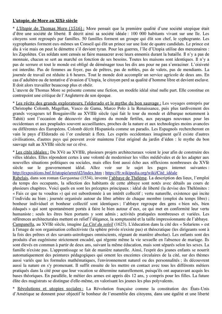 Histoire  de l'utopie à la dystopie  Lettres LDD 1ères