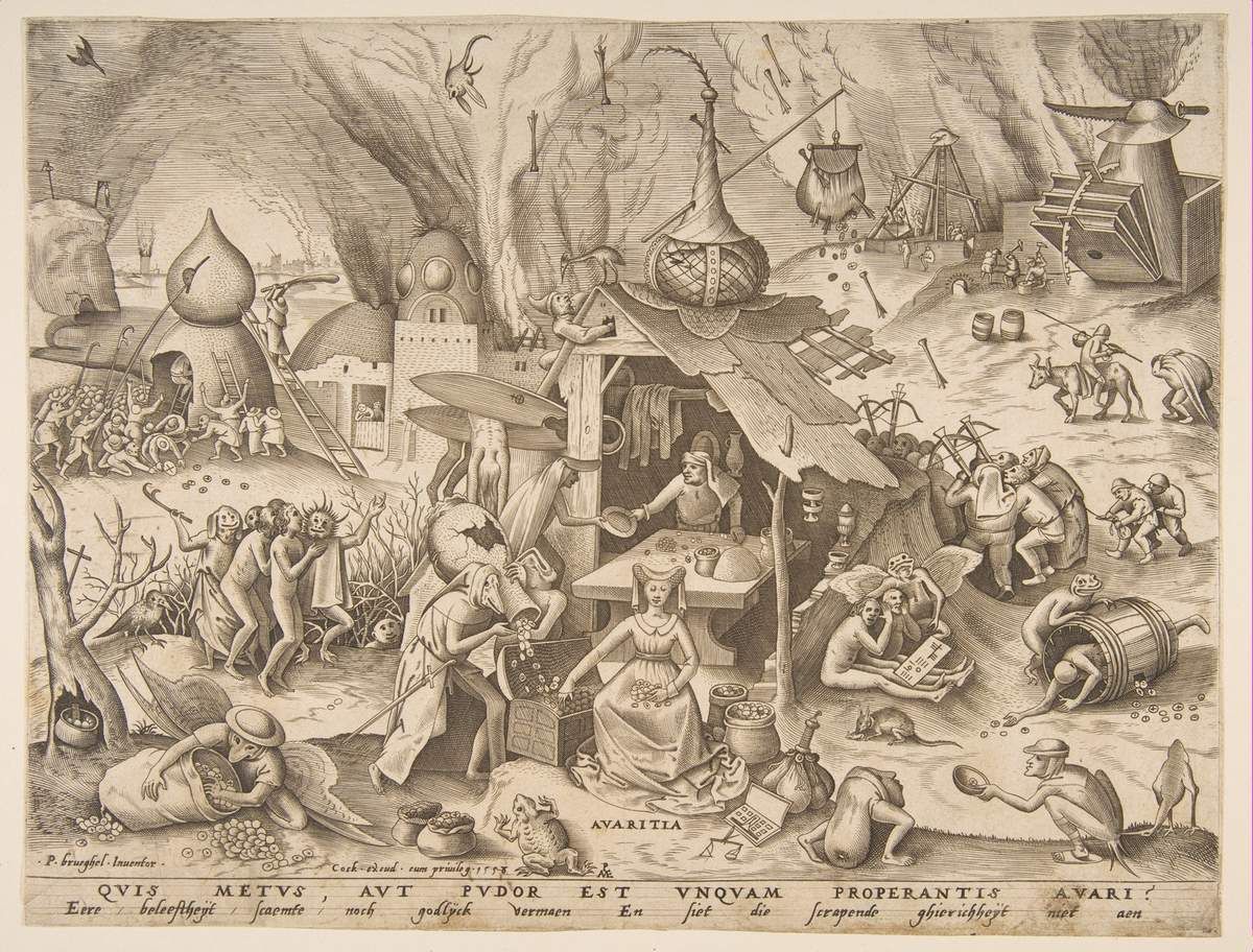 L'Avarice, 1558, gravure (par Pieter van der Heyden, éditée par Hieronymus Cock)