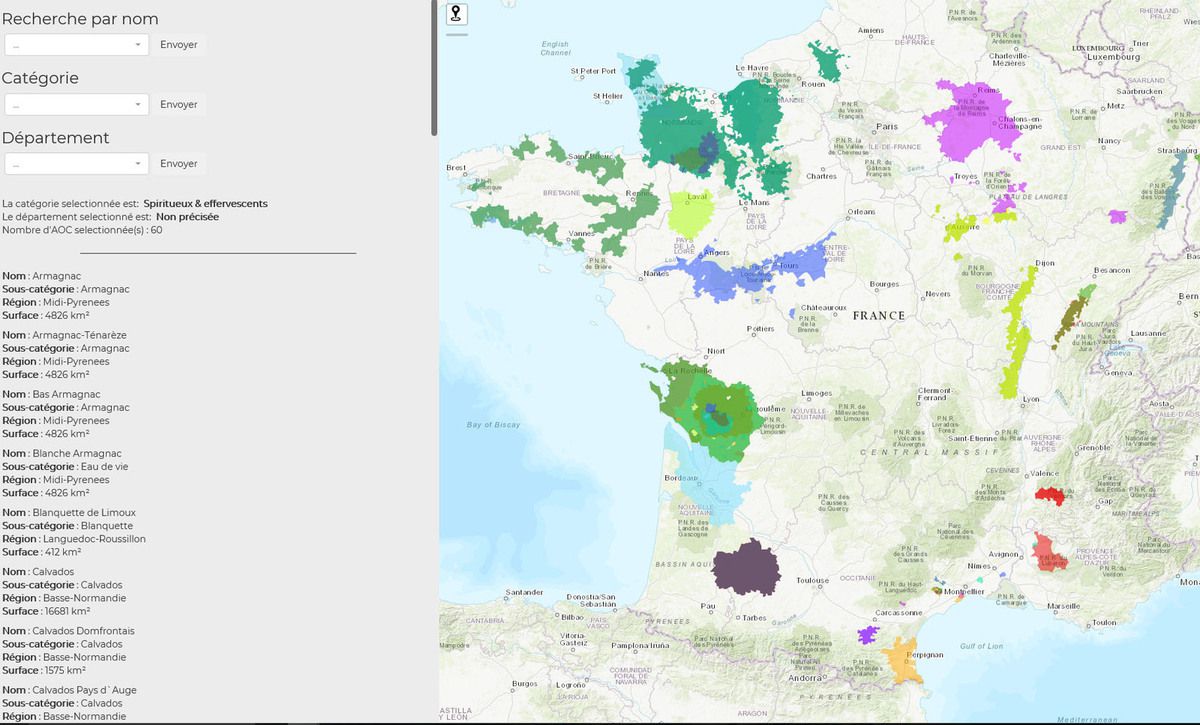 Toutes les Appellations d'Origine Contrôlées sur cette carte de France