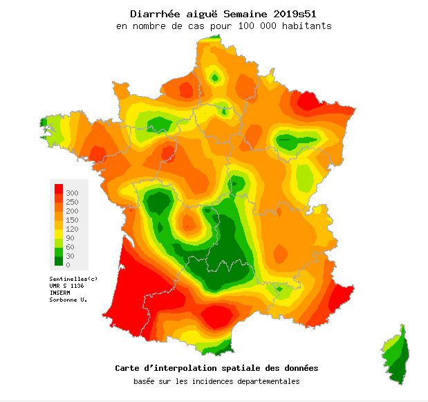 Les médecins ont enregistré une forte hausse de cas de gastro-entérite qu'a mis en évidence le réseau Sentinelles. Se laver les mains plusieurs fois par jour, faire attention dans les transports en commun... autant de réflexes qu'il faut vite reprendre. Le réseau Sentinelles, qui observe l'évolution des épidémies en France, a publié une carte inquiétante montrant une recrudescence des cas de gastro-entérite, maladie provoquant diarrhées aiguës et vomissement allant jusqu'à 72h. La carte établie répertorie une "activité forte" concernant les consultations de médecine générale pour ces symptômes, avec une incidence de 177 cas pour 100.000 habitants. Parmi les régions les plus touchées, la Nouvelle-Aquitaine arrive en tête, avec 225 cas pour 100.000 habitants. Cependant cette montée du nombre de malades de la gastro-entérite n'est pas anormale. Il est même dans la norme des observations des dix dernières années. La période des fêtes, qui voient les gens se regrouper, est particulièrement propice à la propagation de la maladie.