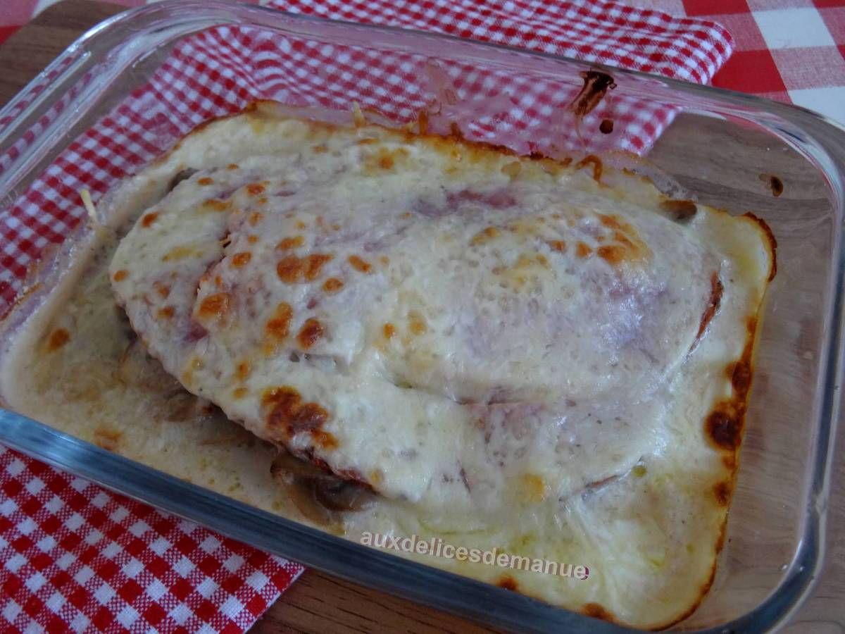 jambon, champignons, gratin, fromage de chèvre, cuisine rapide, plat économique