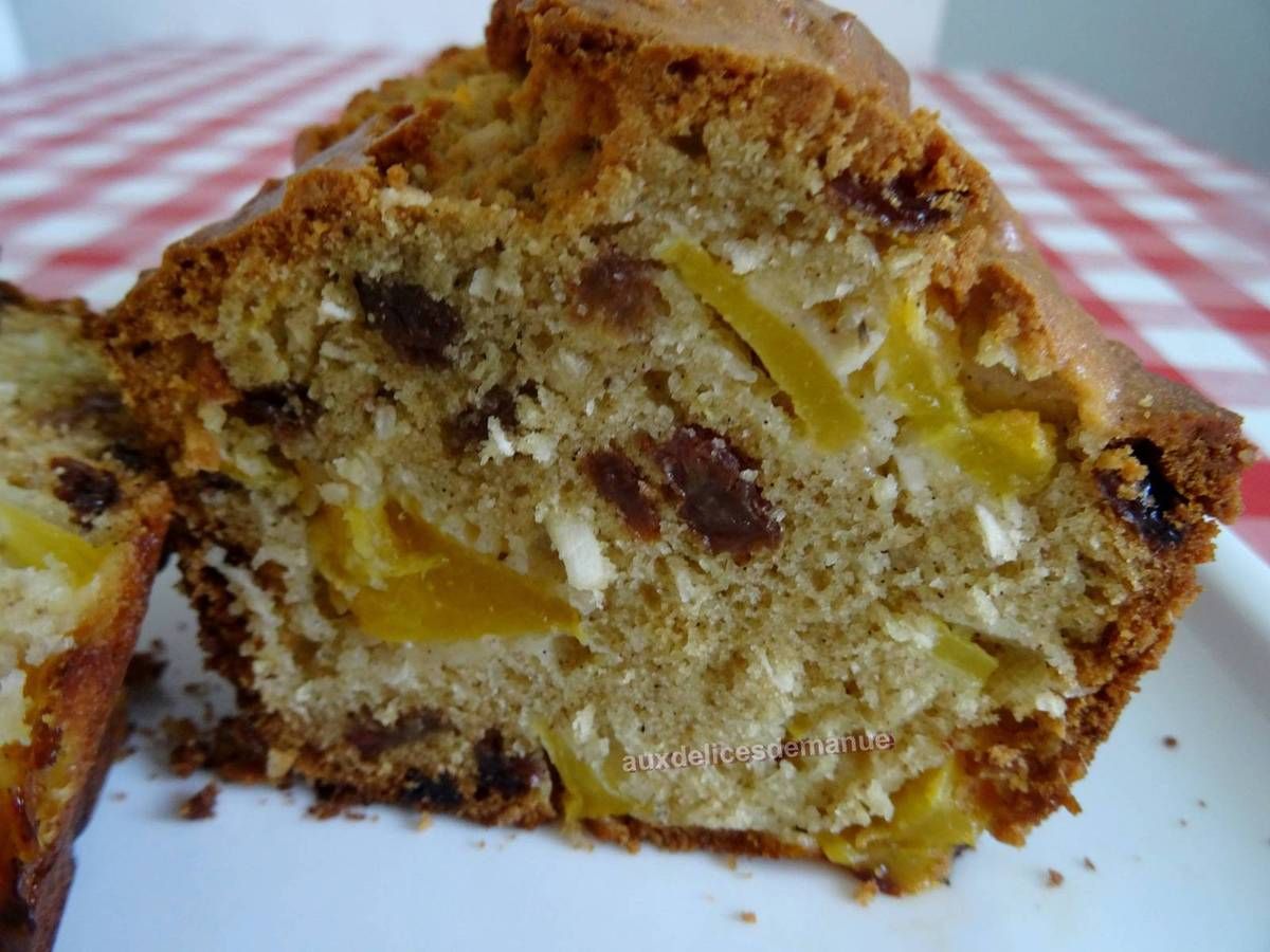 câke, gâteau, gôuter, dessert, petit-déjeuner, nectarine, noix de coco, raisins secs