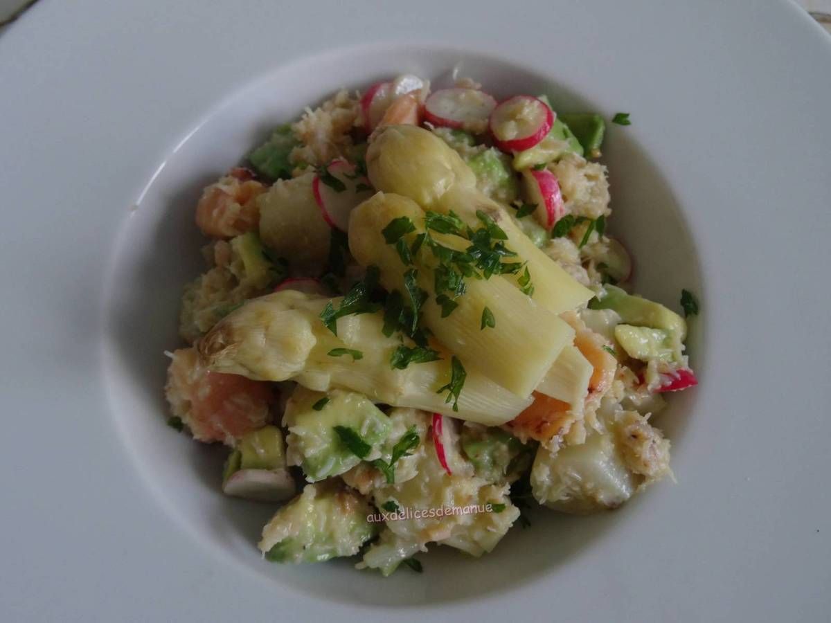 salade, asperges, asperges blanches, crabe, avocat  