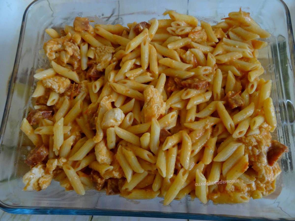 Gratin de pâtes au poulet et chorizo, sauce tomate, au M. cuisine ou pas -  auxdelicesdemanue