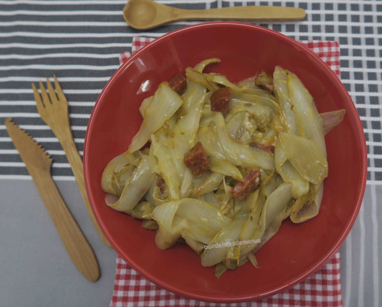 endives , chicons, poêlée, Maroilles, chorizo, plat du Nord, Hauts de De France, cuisine régionale, ch'ti