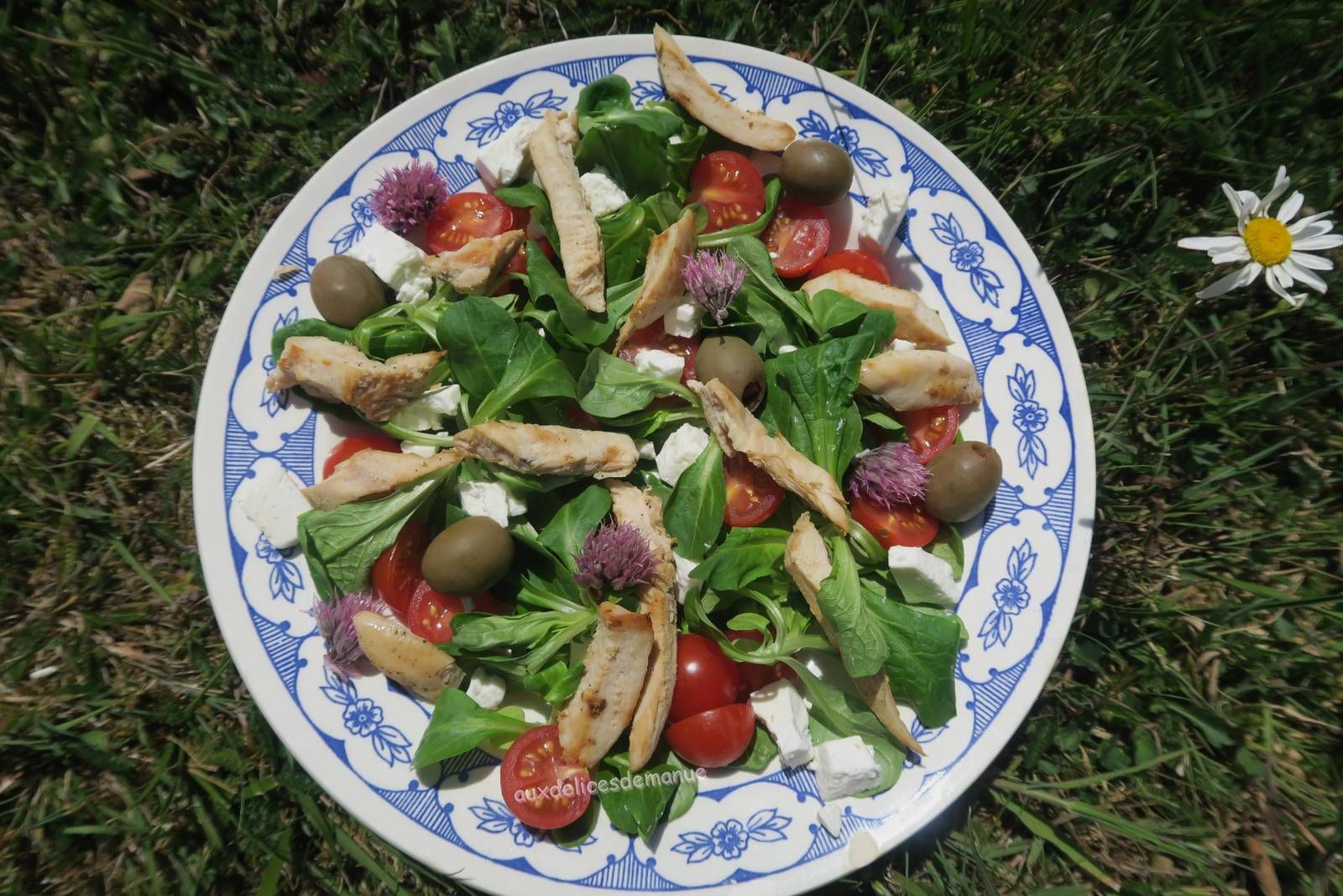 salade, mâche, tomates  poulet, olives, feta