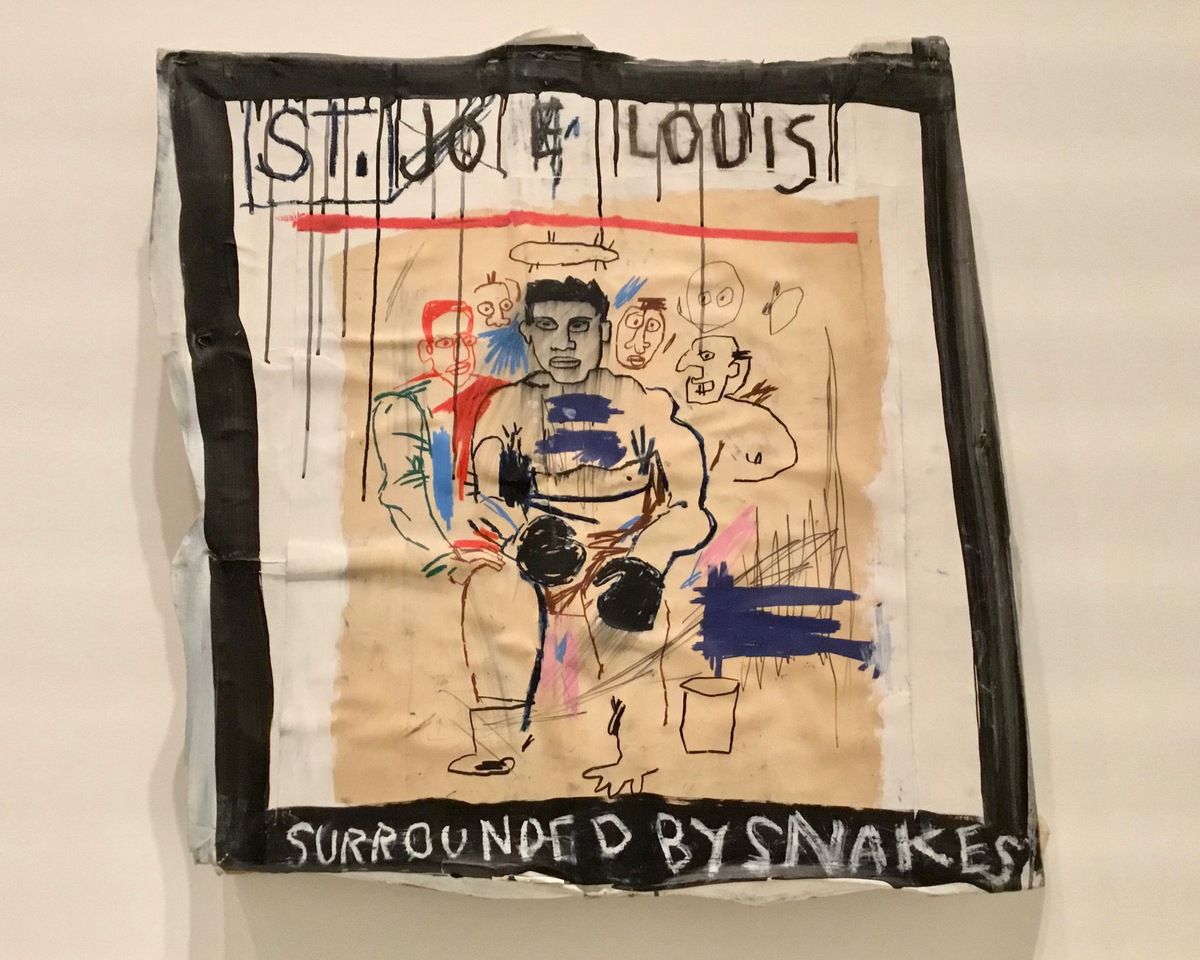 St. Joe Louis Surrounded by Snakes, 1981, Acrylique, pastel et collage papier sur toile, Collection Stephanie Seymour Brant