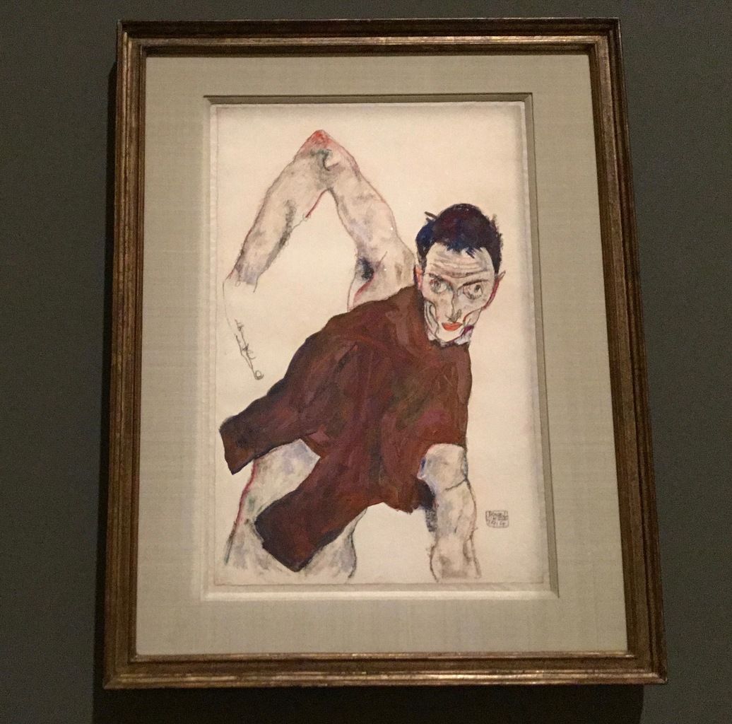 Autoportrait en gilet, le coude droit levé, 1914, Gouache, aquarelle, crayon gras et crayon sur papier, Collection particulière