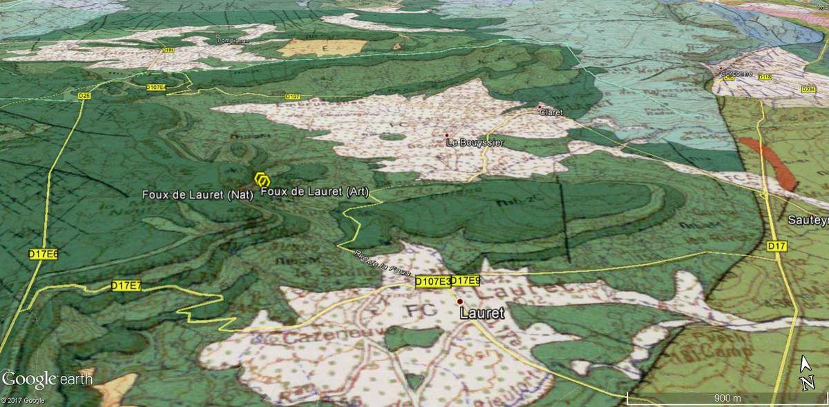Localisation de la Foux de Lauret. MNT Google Earth, drappage de la carte géologique BRGM 50 000. 