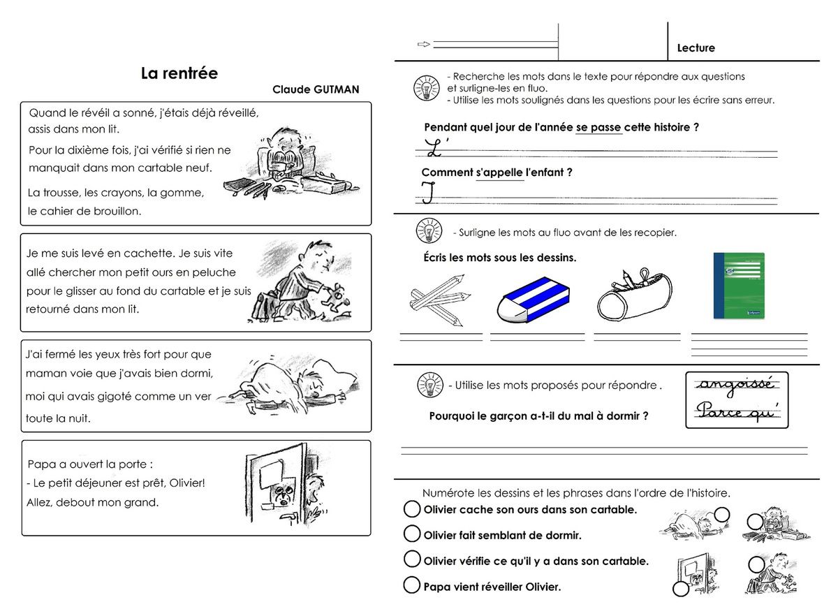 Texte Ce1 La Rentree De Claude Gutman Et Questions De Lecture Ecole Maternelle Gellow