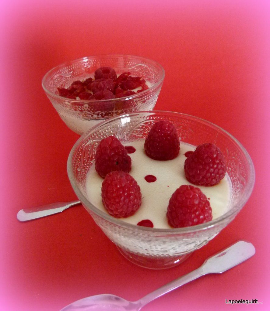 Panna cotta toute légère, savoureuse rougissante de framboises La