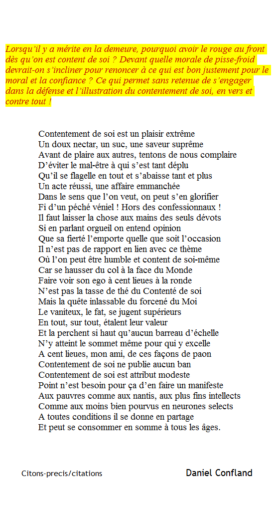 Le doux contentement de soi, pensée poétique de Daniel Confland