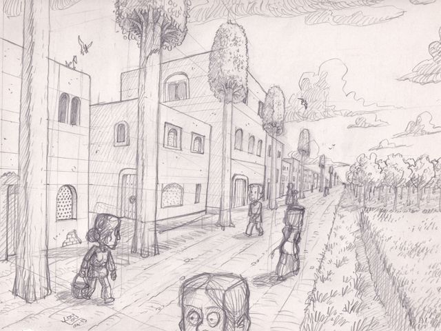 Dessin au crayon d'une rue héllénide en perspective. 