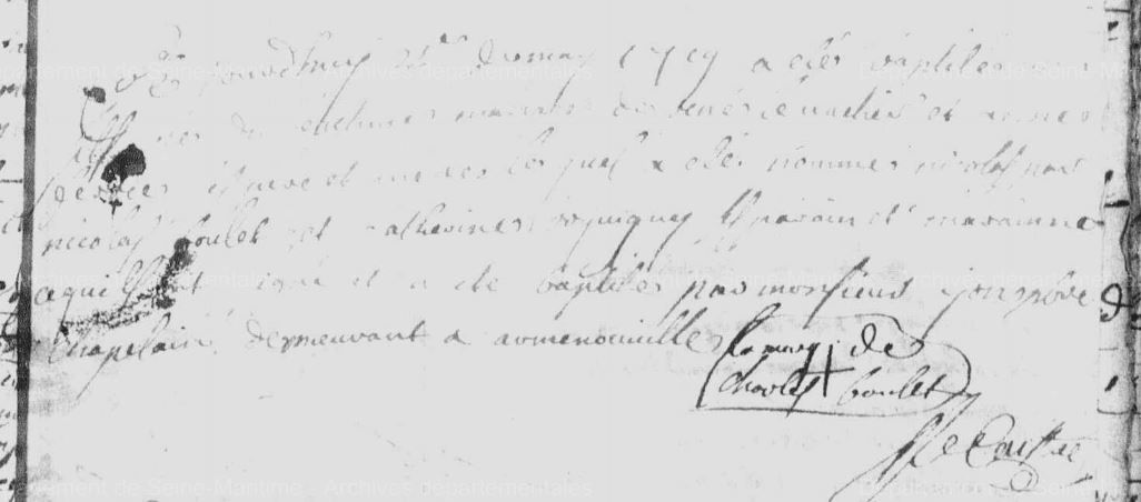 Acte de baptême de Nicolas Levacher au Mesnil Geffroy le 22 mai 1719  (Source : AD76, 4E 03211 - 1712 - 1729 - Le Mesnil-Geffroy)