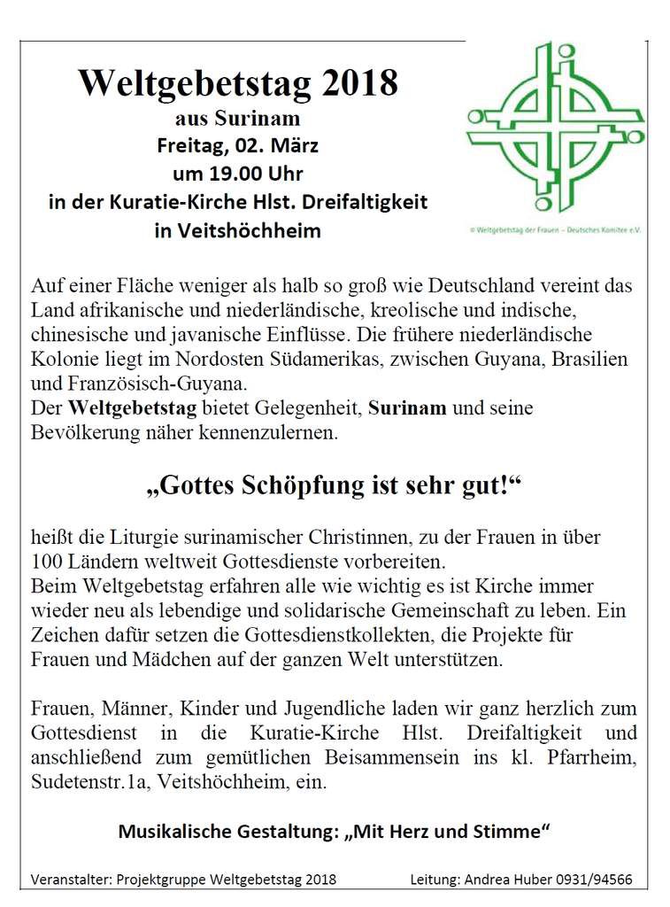 Einladung zum Weltgebetstag 2018 am 02. März um 19.00 Uhr in der Kuratie‐Kirche Hlst. Dreifaltigkeit in Veitshöchheim
