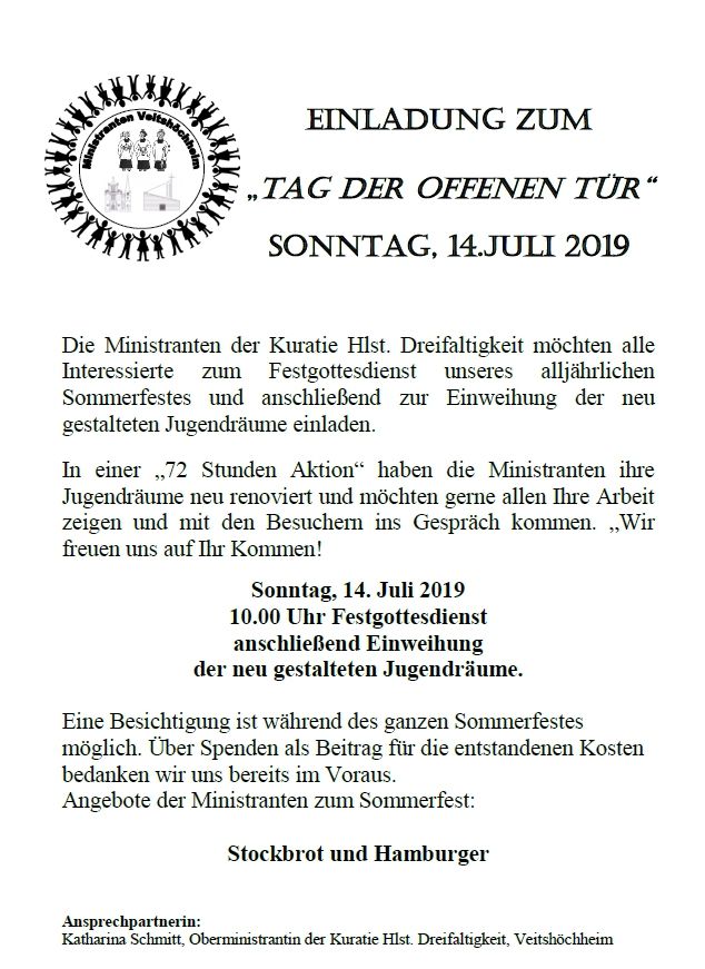 Einladung Zum Sommerfest Der Kuratie Hlst Dreifaltigkeit Veitshochheim Am 13 14 Juli 19 Mit Kinderprogramm Und Einweihung Der Neugestalteten Jugendraume Veitshochheim News