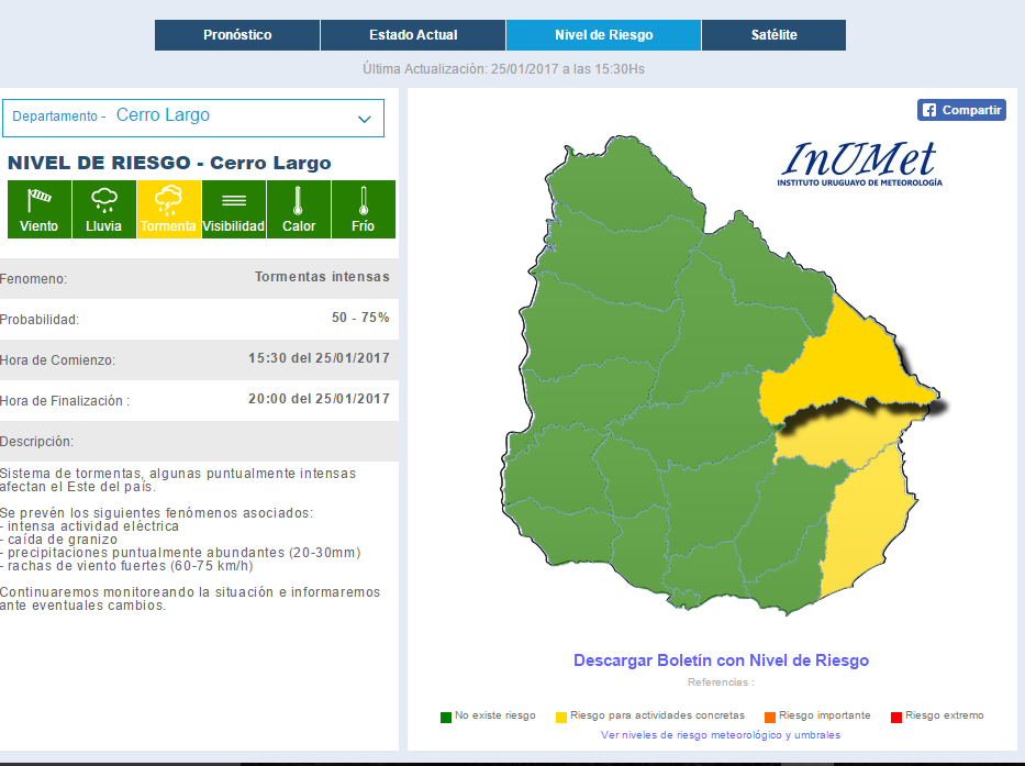 Sistema de tormentas, algunas puntualmente intensas afectan el Este del país. Se prevén los siguientes fenómenos asociados: - intensa actividad eléctrica - caída de granizo - precipitaciones puntualmente abundantes (20-30mm) - rachas de viento fuertes (60-75 km/h) Continuaremos monitoreando la situación e informaremos ante eventuales cambios.