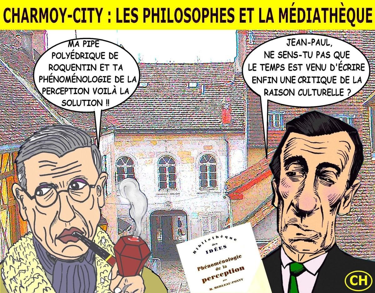 Charmoy-City, les philosophes, le polyèdre et la médiathèque