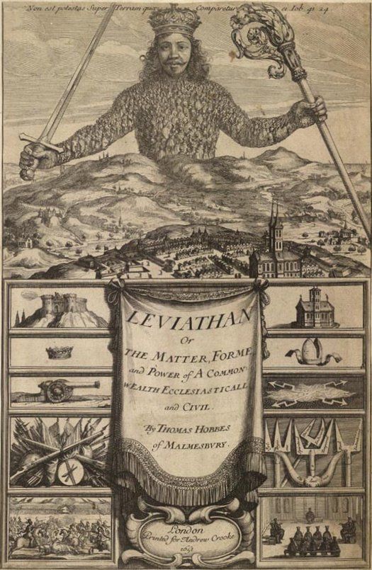 Frontispice du livre « Leviathan » de Thomas Hobbes (1651) décrivant l'état moderne. Leviathan - Rex Mundi (Roi de la Terre), le Démiurge, Satan - porte une couronne, il brandit une épée (le symbole du pouvoir temporel), et une crosse (le symbole de l'autorité religieuse). C'est l'essence de la règle de Satan, religieuse, militaire et tyrannique. Au-dessus de Leviathan est une inscription latine du livre de Job (41, 24-25): Non est potestas super-terram quae comparetur ei: "Il n'est sur terre aucune puissance qui lui soit comparable"