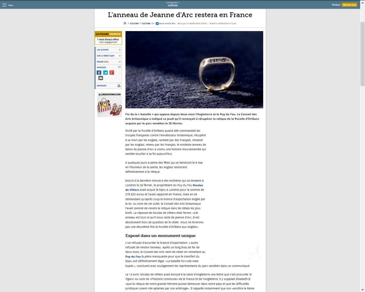 L'anneau de Jeanne d'Arc restera en France