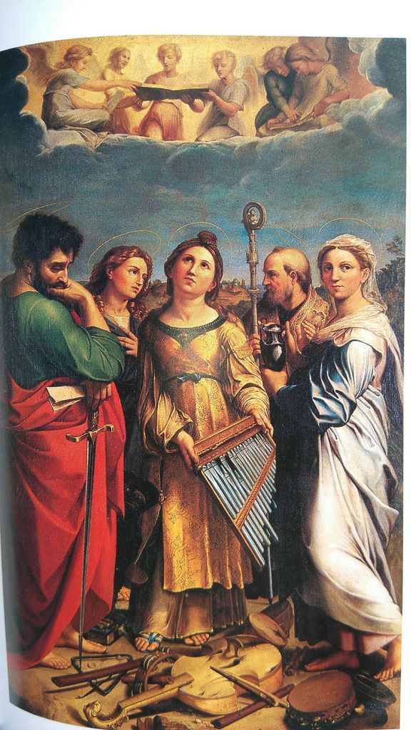 Extase de sainte Cécile, 1514, Raphaël, Bologne, Pinacothèque nationale, dans Rosa Giorgi, Le Petit Livre des Saints, Larousse, Tolède 2006, p. 686-687.