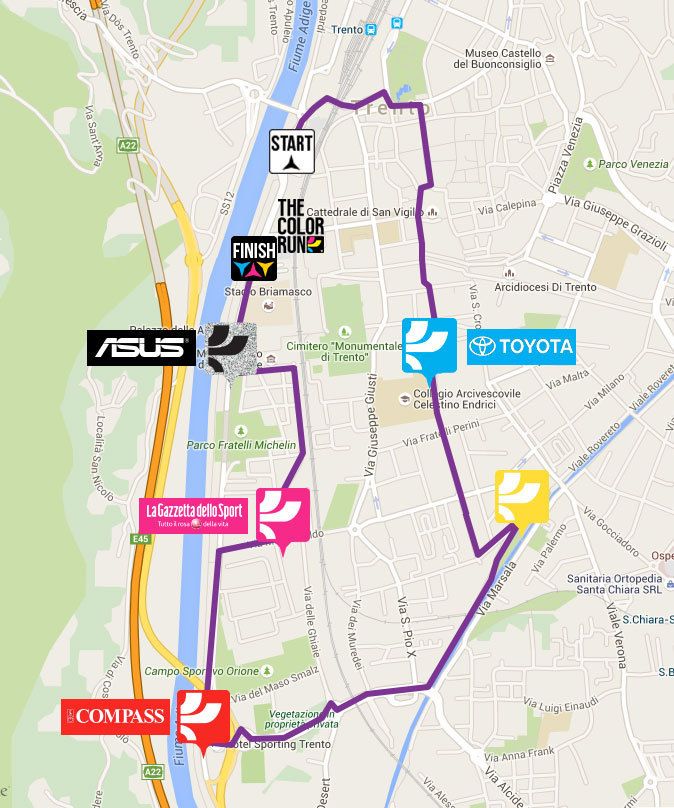 The Color Run 2015. Terza tappa a Trento, della quale è stato reso noto oggi il percorso. Tutti pazzi per la Color Running