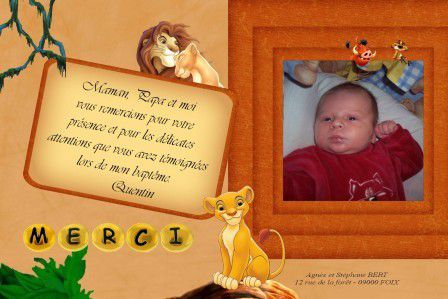 carteremerciements roi lion naissance baptême mariage invitationroilionpascher