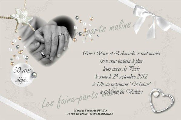 fairepart perle mariage invitationperlepascher noces de perles 30ansmariage baptême naissance