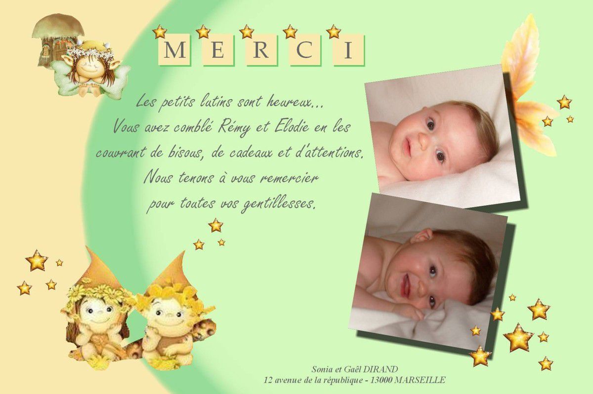 carteremerciements lutin jumeaux naissance baptême mariage invitationlutinpascher