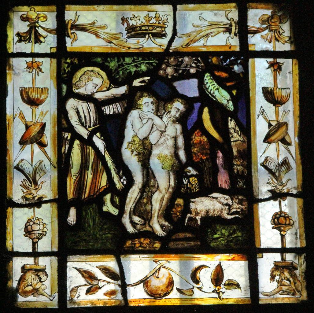 Adam et Ève chassés du Paradis, vitrail de Van Doorne, début du XVIIe siècle, ancienne chapelle privée.