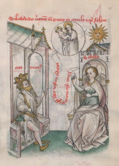 Sibylle de Tibur dans le Speculum humanae salvationis Latin 511  folio 9r (Gallica) &  Speculum humanae salvationis Latin 512folio 10r  (Gallica)
