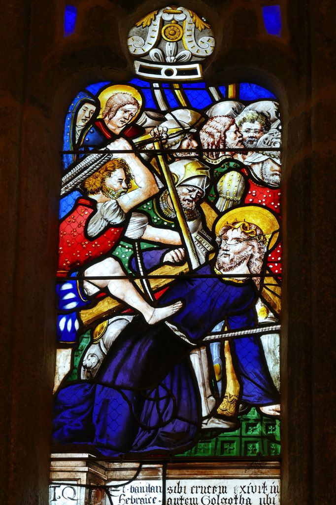 Le Portement de croix, lancette E du registre supérieur, maîtresse-vitre (1556) du chœur de la chapelle Saint-Herbot en Plonévez-du-Faou. Photographie lavieb-aile mars 2017.