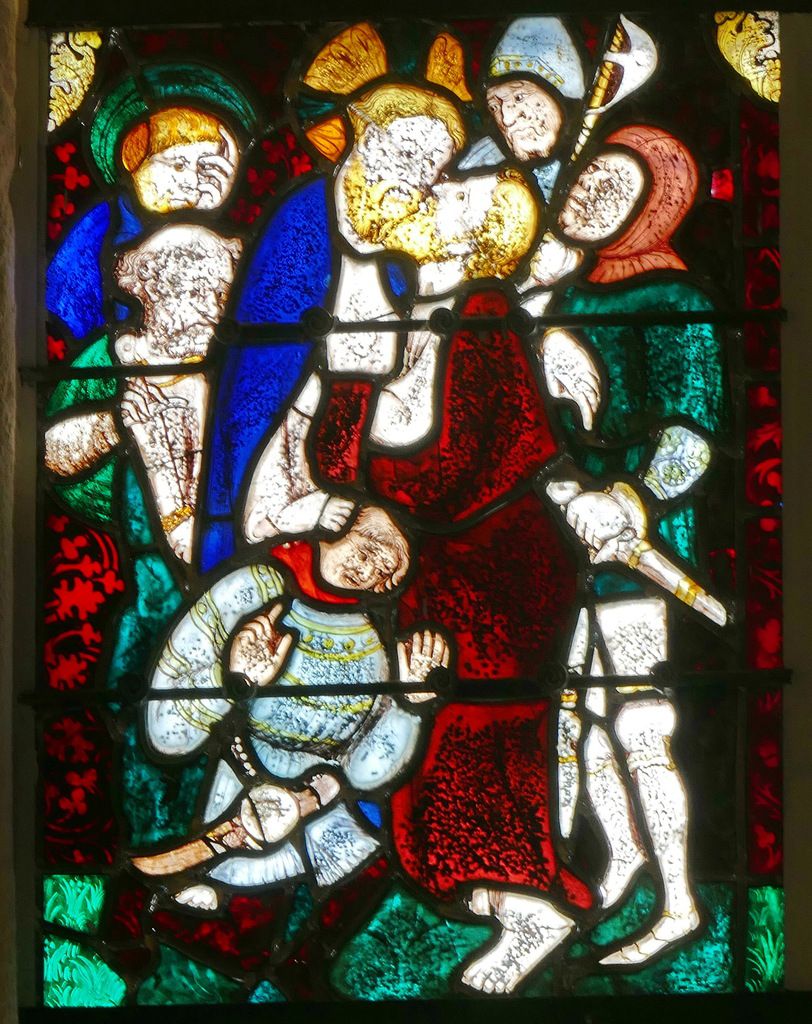 L'Arrestation de Jésus, registre de la Passion, maîtresse-vitre (Guillaume Béart, 1402) de la chapelle Saint-Jacques de Merléac. Photographie lavieb-aile septembre 2017.