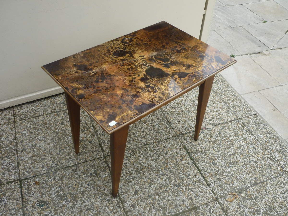 table basse vintage pieds compas en chêne