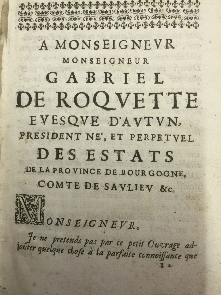 Dédicace de l'ouvrage à Gabriel de Roquette.