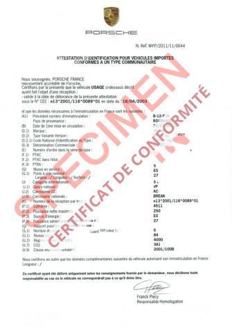 certificat de conformité Porsche gratuit