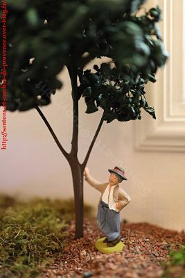 Au loin Auguste est appuyé contre un arbre.