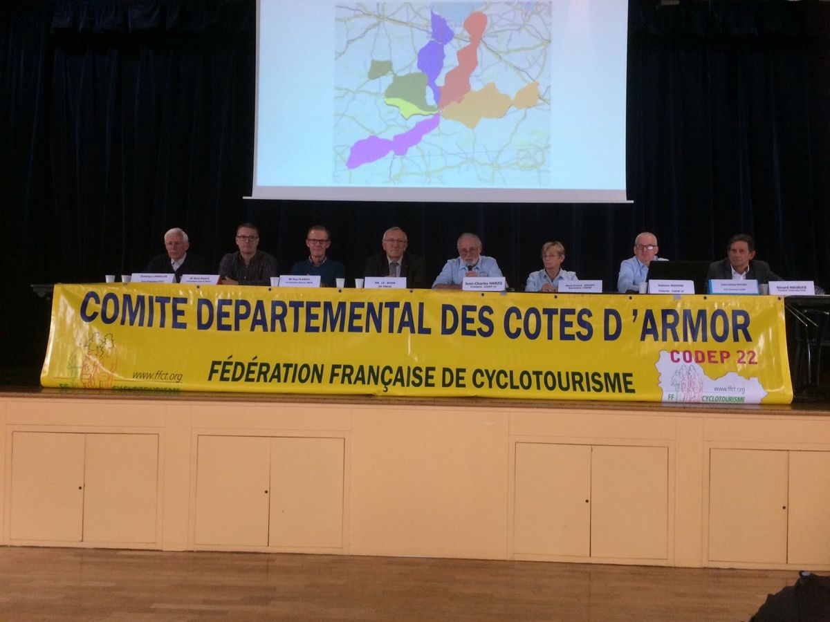 Le maire et les présidents du club" Les Goélands"de Trévé, entourés des dirigeants du CODEP 22 .En arrière plan , les circuits probables de la SF LOUDEAC 2022.