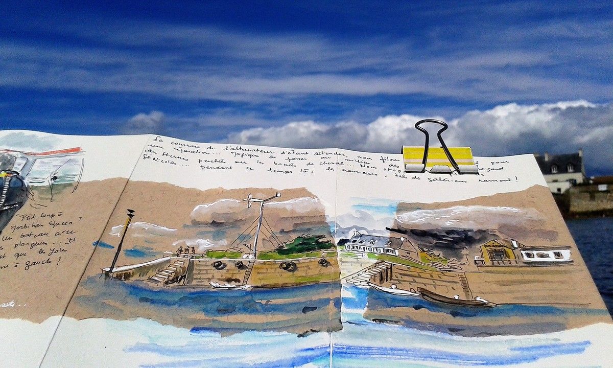 halte devant St Nicolas, j'ai le temps de dessiner tandis que Pierre-Alain répare !