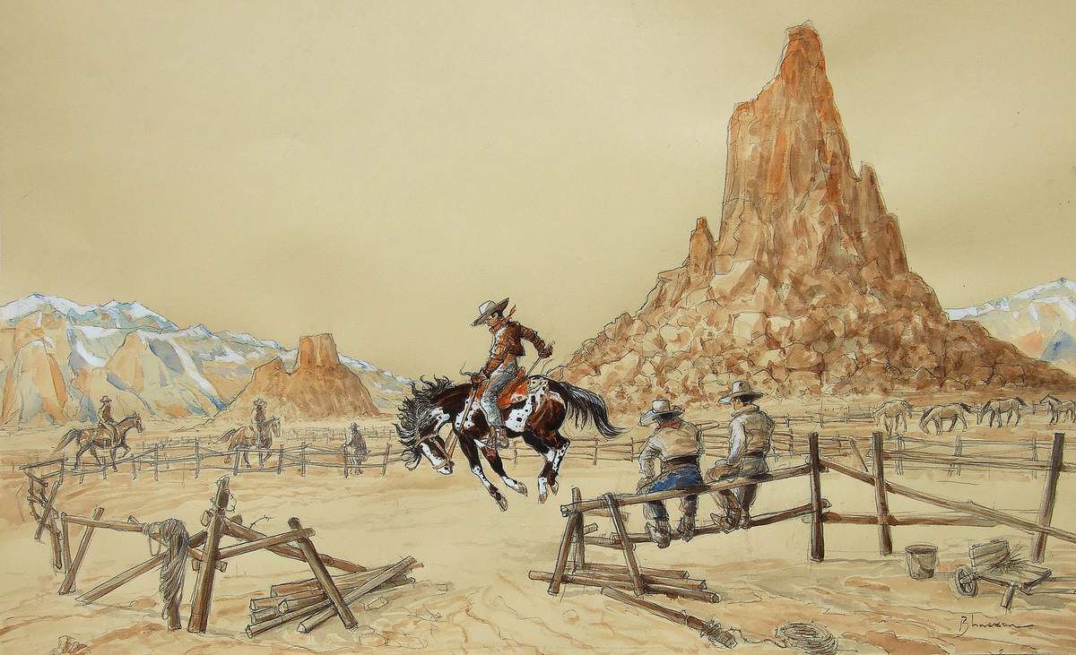 A cow-boy on his horse 6 Dressage d'un bronco sauvage.  Crayon, aquarelle, encres, gouache sur papier 40x65 Bhavsar