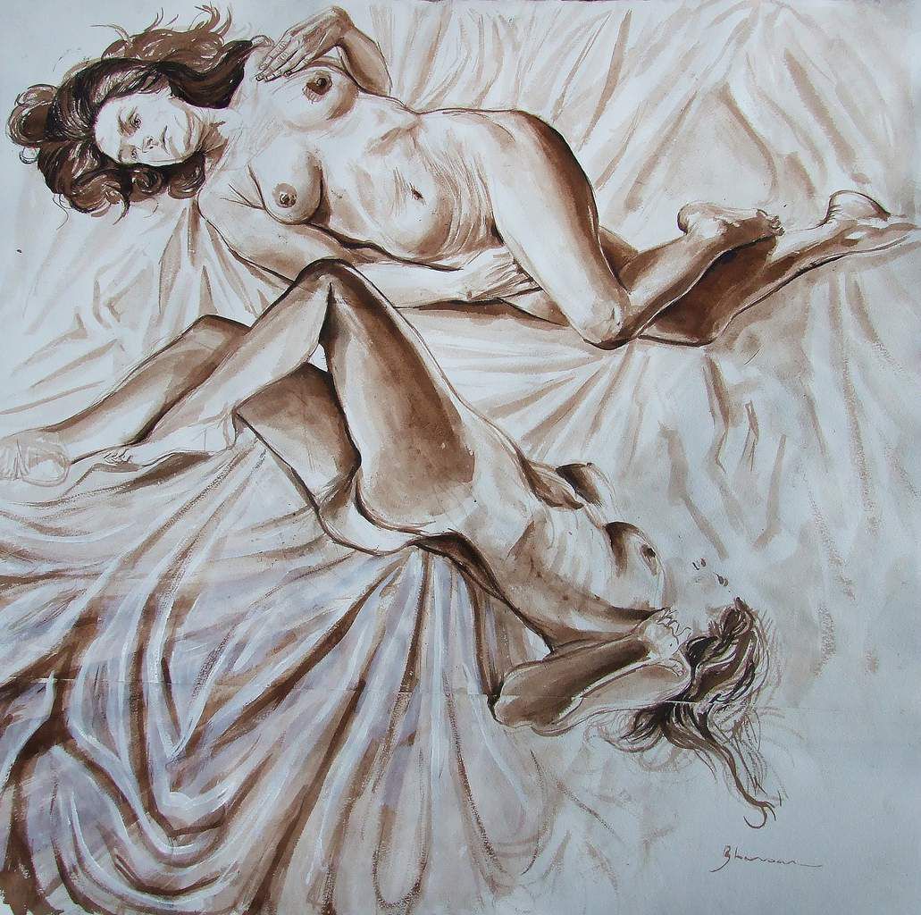 Deux femmes nues sur un lit Encre sépia 70x70 Bhavsar