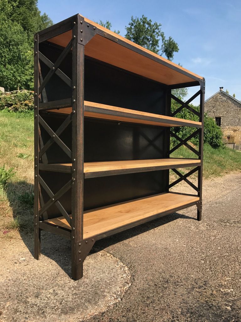 RAC BAS RIVETÉ, ÉTAGÈRE METAL / BOIS, BIBLIOTHÈQUE 4 PLATEAUX CHÊNE CREATION  2017 - METTETAL INDUSTRY, DESIGN INDUSTRIEL DU 20eme SIECLE