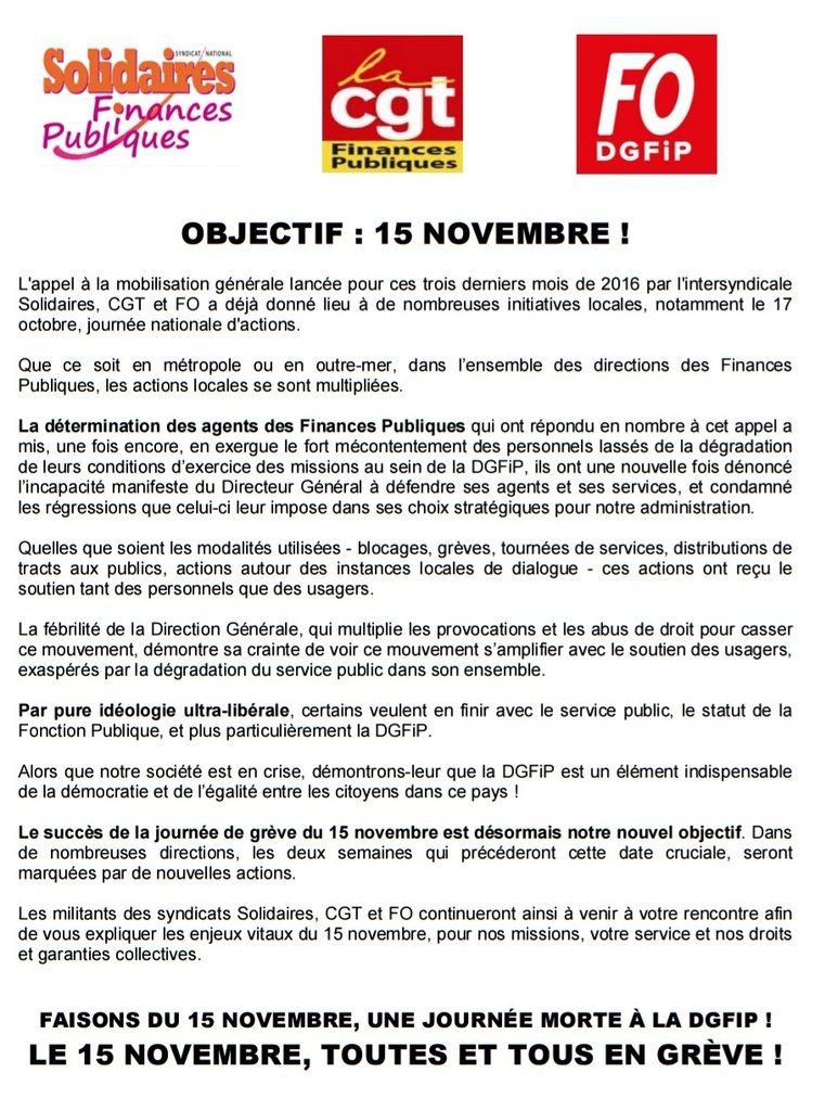 15 novembre 2017 : GRÈVE des agents des IMPÔTS contre la baisse des effectifs [Appel unitaire : Solidaires - CGT - FO ]