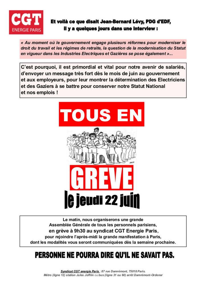 CGT Energie Paris : en grève le 22 juin