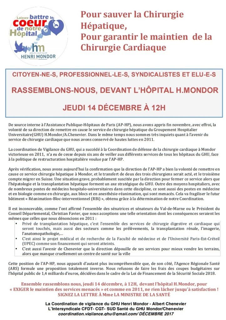 CRÉTEIL (94) : Rassemblement contre les fermetures de services à l'hôpital Henri Mondor : RASSEMBLEMENT jeudi 14 décembre 2017