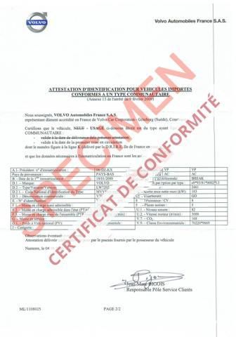 Certificat de Conformité Volvo Gratuit  