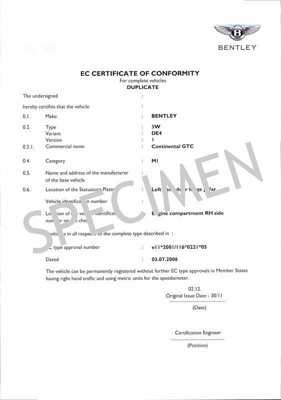 Certificat de Conformité Bentley Gratuit  