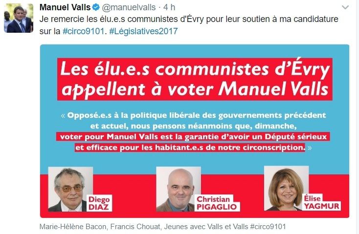 Message publié sur le compte Twitter de Manuel Valls le 13 juin 2017
