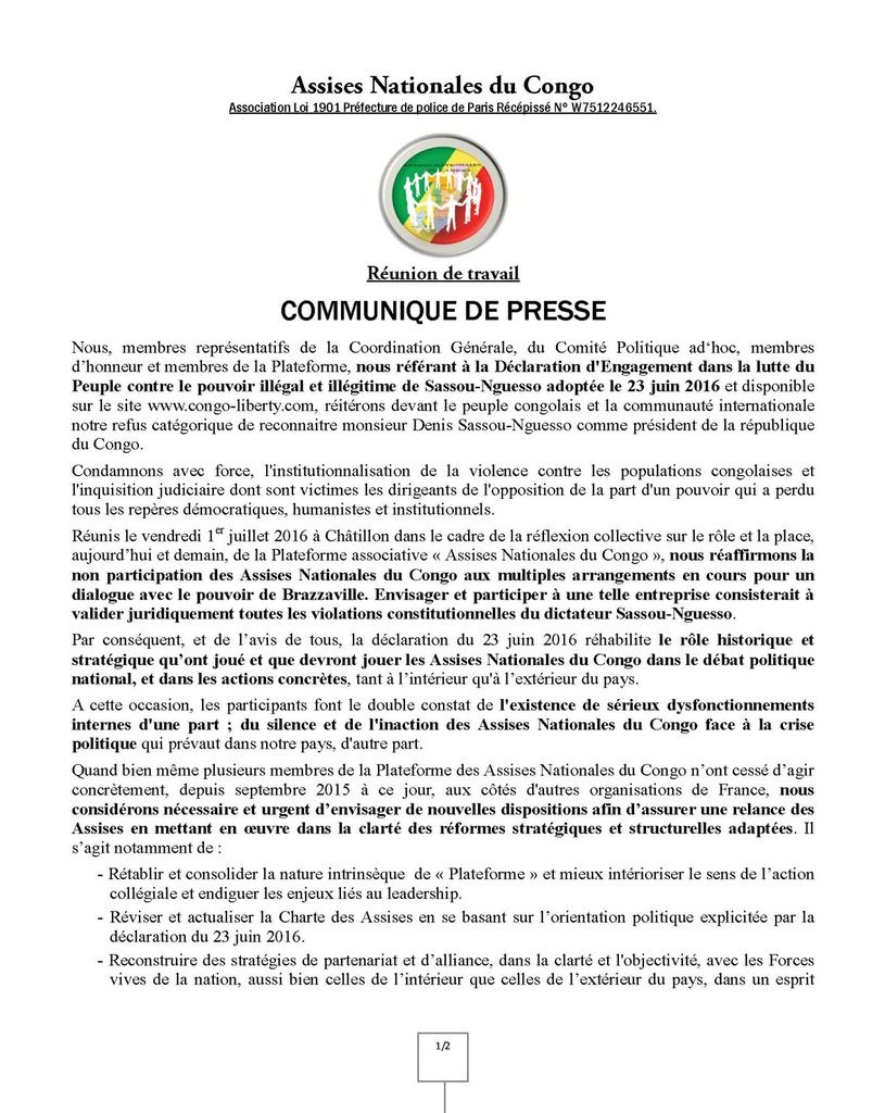 ASSISES NATIONALES DU CONGO : COMMUNIQUE DE PRESSE