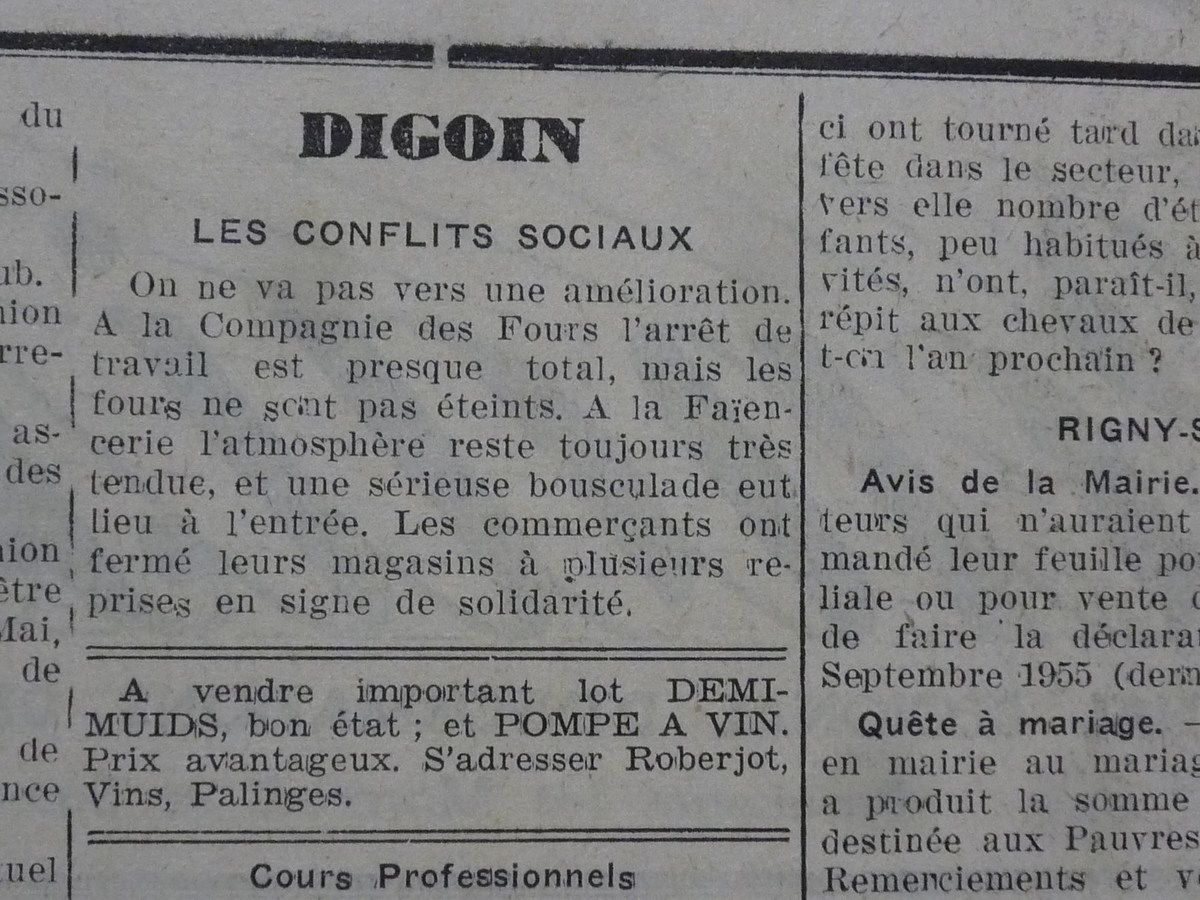Il y a 60 ans tout juste (les 21 et 24 septembre 1955 on lisait dans l'hebdo local) Digoin : "Les conflits sociaux"